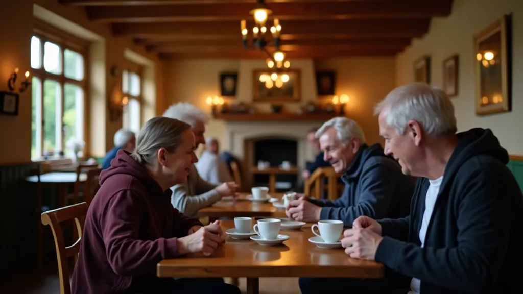 Cozy Irish village cafe interior with warm lighting, wooden tables, and local customers enjoying tea and pastries
