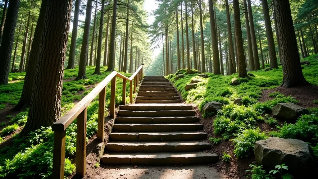 Forest trail entrance with stone steps and wooden railings, early morning light filtering through trees