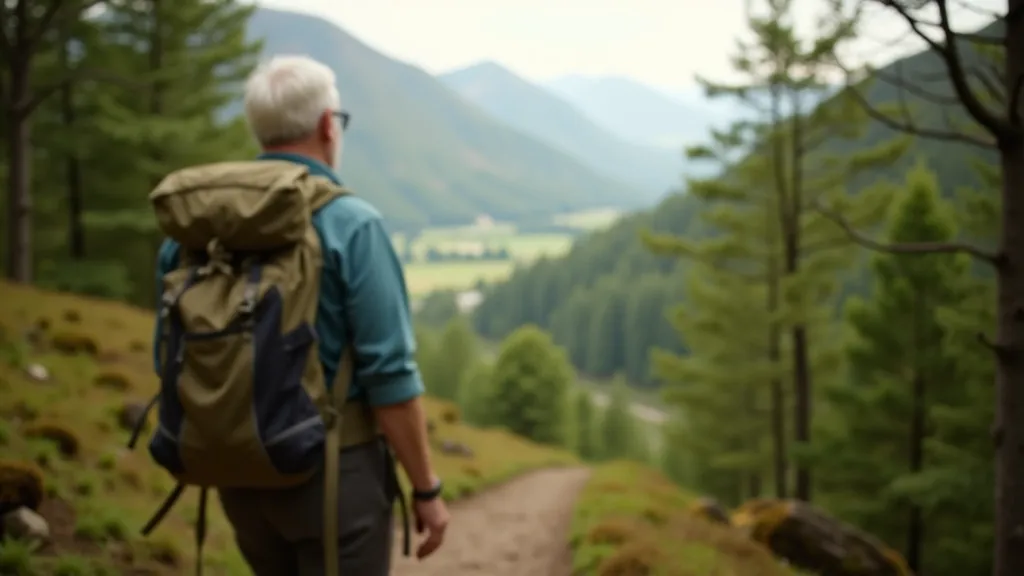 Hiker in light jacket pausing on forest path, looking toward valley vista with mountains