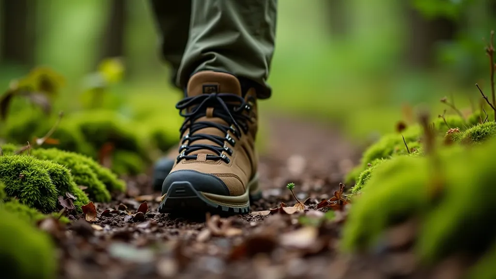Close-up of hiking boot on forest path with moss and woodland ground
