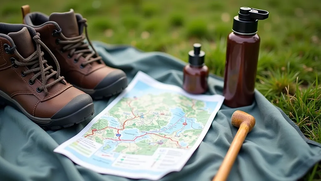 Hiking essentials including boots, weather-appropriate clothing, water bottle, and map laid out on a natural background