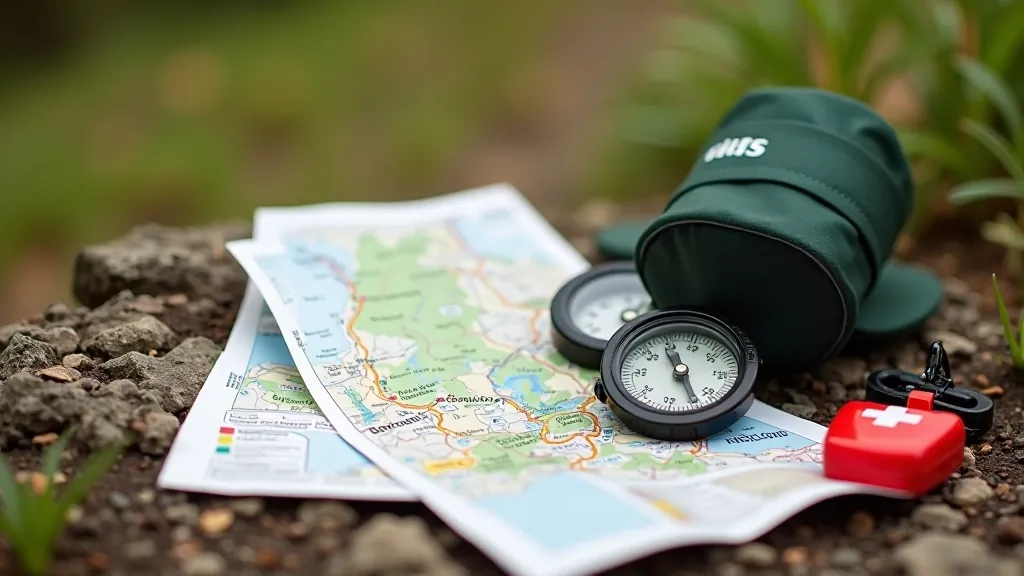 Hiking map, compass, first aid kit, and whistle on a outdoor background with hiking trail visible