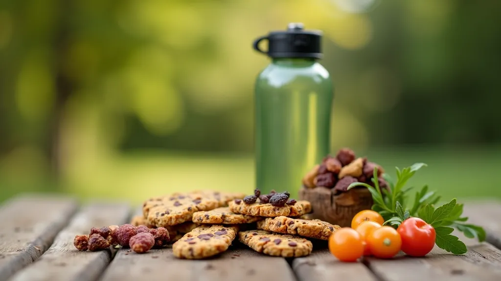 Hiking snacks and water bottle arranged on a wooden surface, including trail mix, energy bar, and fresh fruit