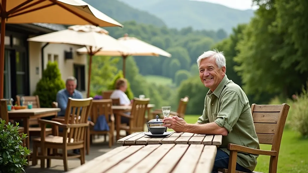 Laragh village cafe with outdoor seating, forest views visible in background, umbrellas over tables, afternoon light