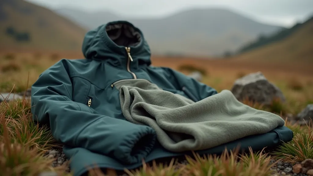 Layers of hiking clothing including base layer, mid-layer, and waterproof jacket displayed on outdoor background