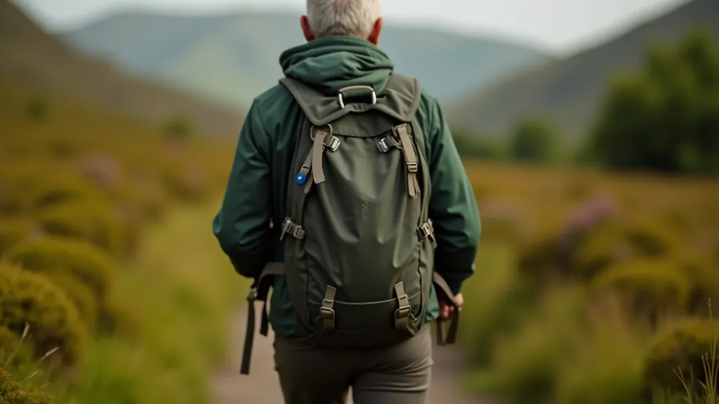 Properly fitted hiking backpack worn by person from behind, showing correct strap adjustment and hip belt positioning