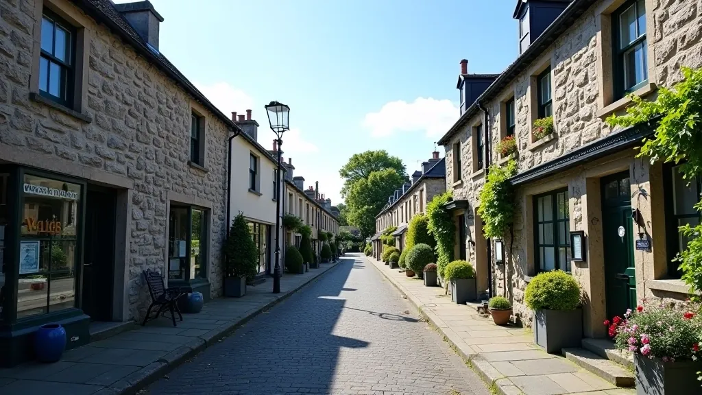 Quaint Irish village street with shops and tea rooms