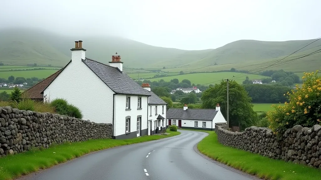 Annamoe village rural landscape with white buildings, quiet country road, green fields surrounding area