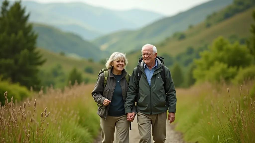 Older couple walking on a gentle woodland trail in Wicklow with green mountains in the background