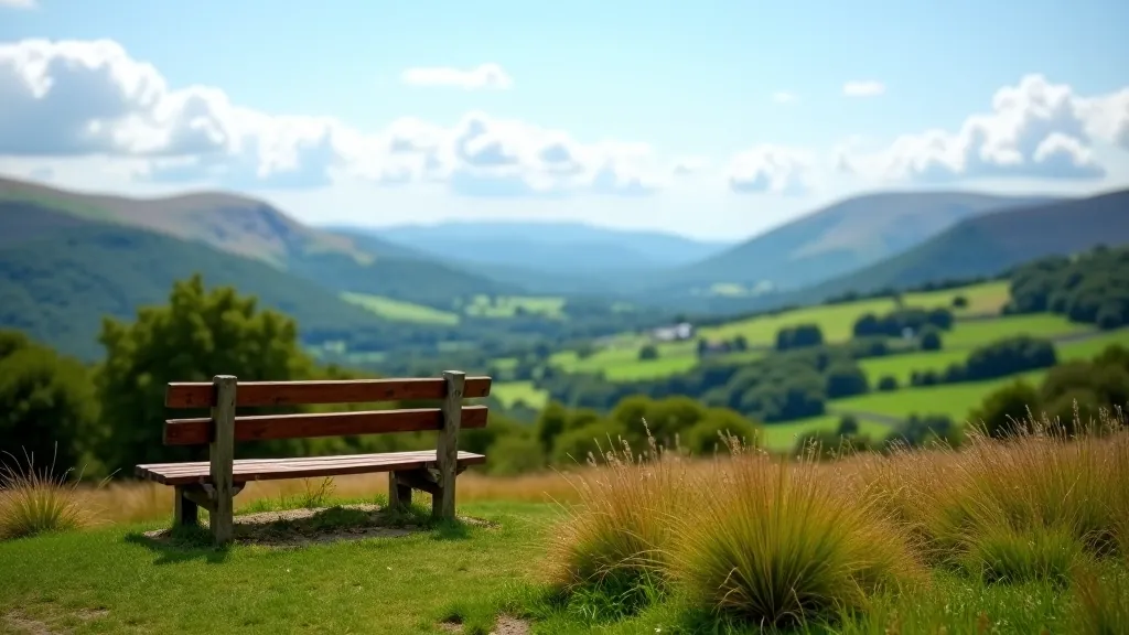 Wooden bench overlooking Wicklow valley with mountains and green fields stretching into distance